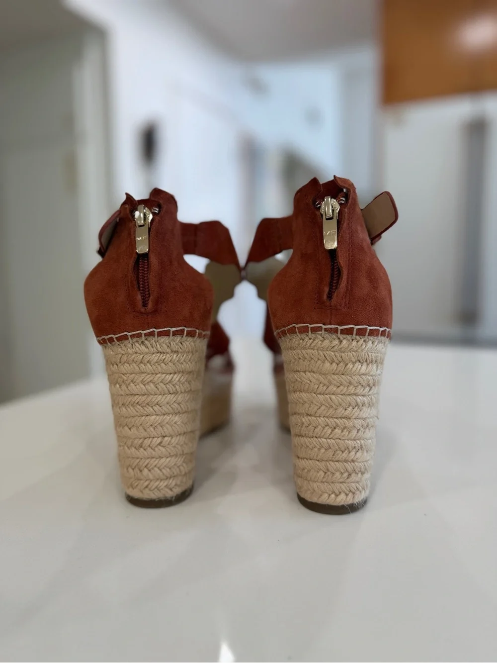 Marc Fisher Rust Suede Scalloped Espadrille Wedges